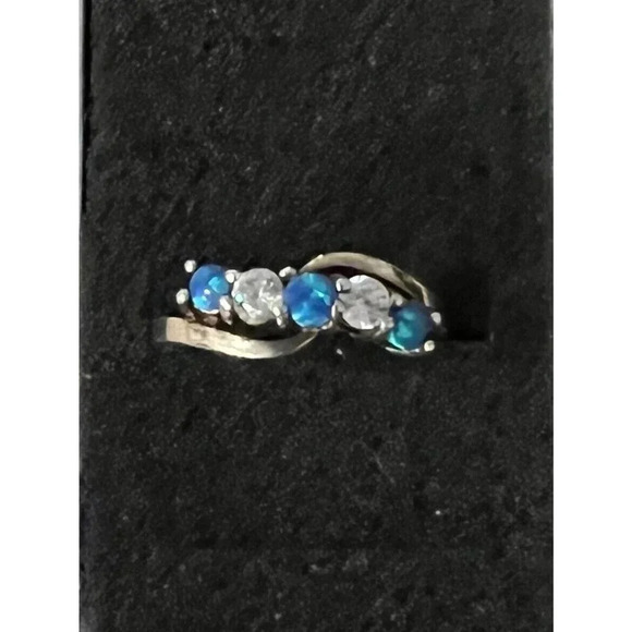 925 Sterling Silver Opal and CZ Five Stone Ring Size 7.5 - Picture 1 of 10